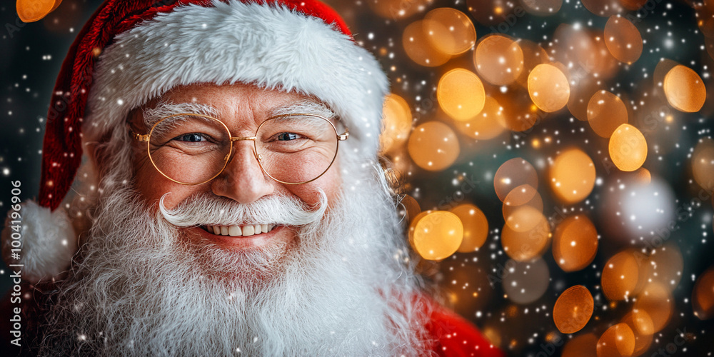Santa Claus with warm golden bokeh lights in the background, festive Christmas scene Santa Claus with warm golden bokeh lights in the background, festive Christmas scene