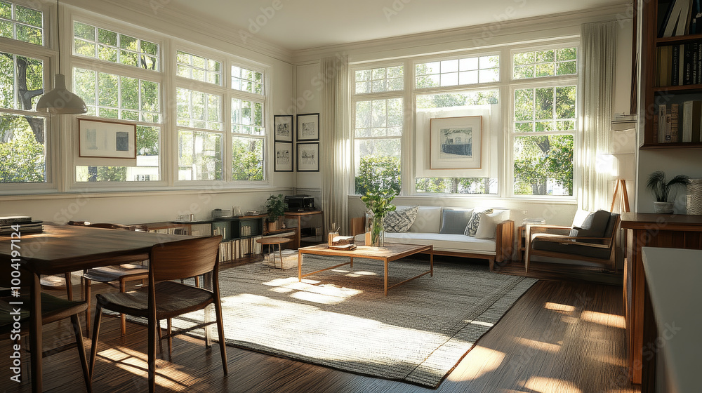 A bright and airy living room features large windows allowing natural light to flood in, illuminating stylish furniture and decor. space is inviting and serene, perfect for relaxation A bright and airy living room features large windows allowing natural light to flood in, illuminating stylish furniture and decor. space is inviting and serene, perfect for relaxation