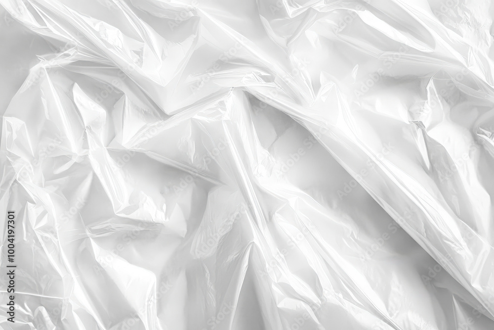 Obraz premium Textured layers of crumpled white plastic wrap create an abstract visual of light and shadow in an artistic setup. Generative AI