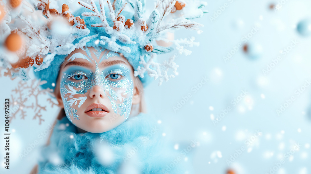 A woman with blue eyeshadow and glitter on her face is wearing a wintery crown and looking at the camera. A woman with blue eyeshadow and glitter on her face is wearing a wintery crown and looking at the camera.