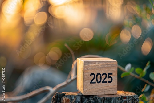 2025 wooden cube, symbolizing a new year and target goal, growth and success in financial trends, strategy plan and vision for a new beginning and achievement, copy space, bokeh