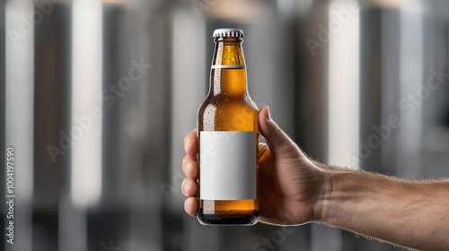 Fresh Beer Bottle in Hand Against Blurred Background photo