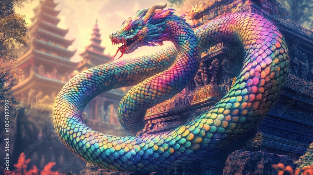 A surreal representation of a serpent weaving through clouds above a majestic Asian mountain range. The image symbolizes the divine and mythical nature of serpents in Asian culture and spirituality. A surreal representation of a serpent weaving through clouds above a majestic Asian mountain range. The image symbolizes the divine and mythical nature of serpents in Asian culture and spirituality.