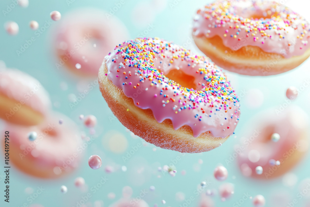 Delicious pink frosted donuts topped with colorful sprinkles floating against pastel blue background