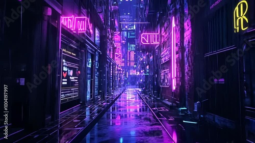 A wet alleyway is illuminated by vibrant neon signs, creating a futuristic city vibe