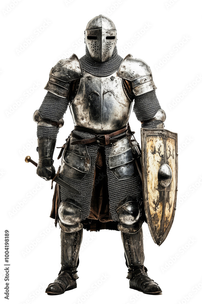 Front view of knight in full armor with sword shield isolated on white background. Medieval warrior