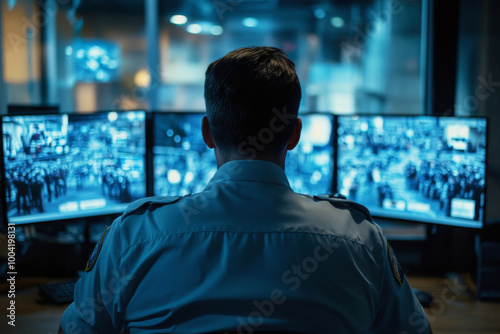 Obraz na płótnie Back view of security officer overseeing multiple surveillance screens in control room at night. Monitoring public activity for safety and security w salonie