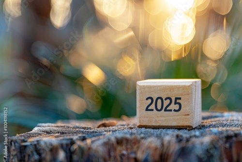 2025 wooden cube, symbolizing a new year and target goal, growth and success in financial trends, strategy plan and vision for a new beginning and achievement, copy space, bokeh