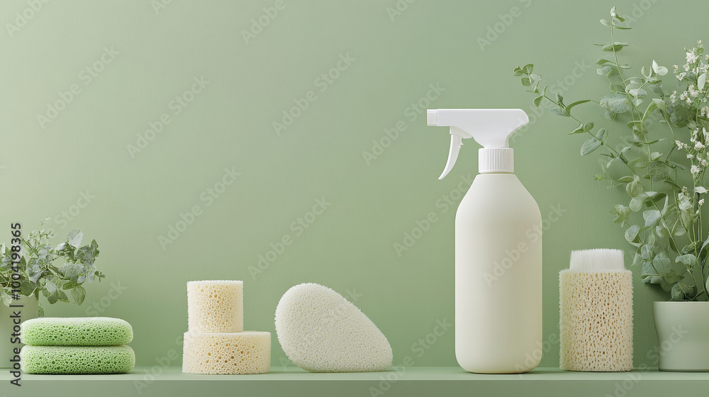 Eco friendly cleaning supplies are arranged neatly against soft green background, featuring sponges and spray bottle. This serene setup promotes clean and organized environment
