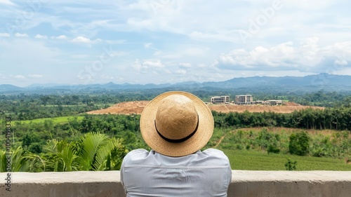 A poor farmer watching corporate developers build a luxury resort on land that was once farmland   land inequality, corporate takeover