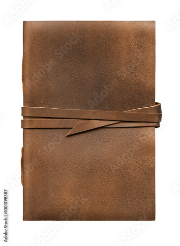 Old worn brown leather notebook isolated on transparent background