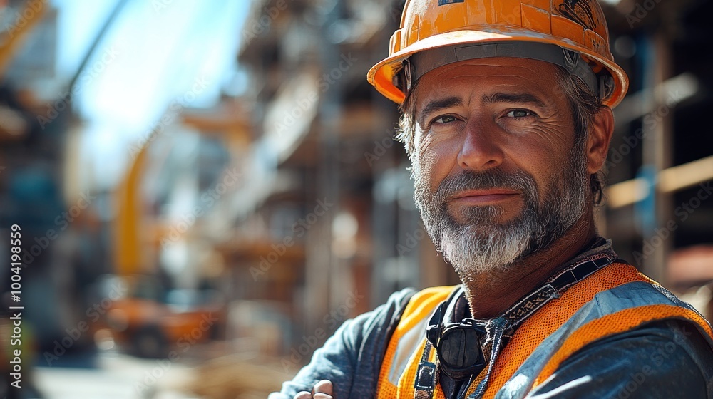Construction worker in safety gear at a building site.