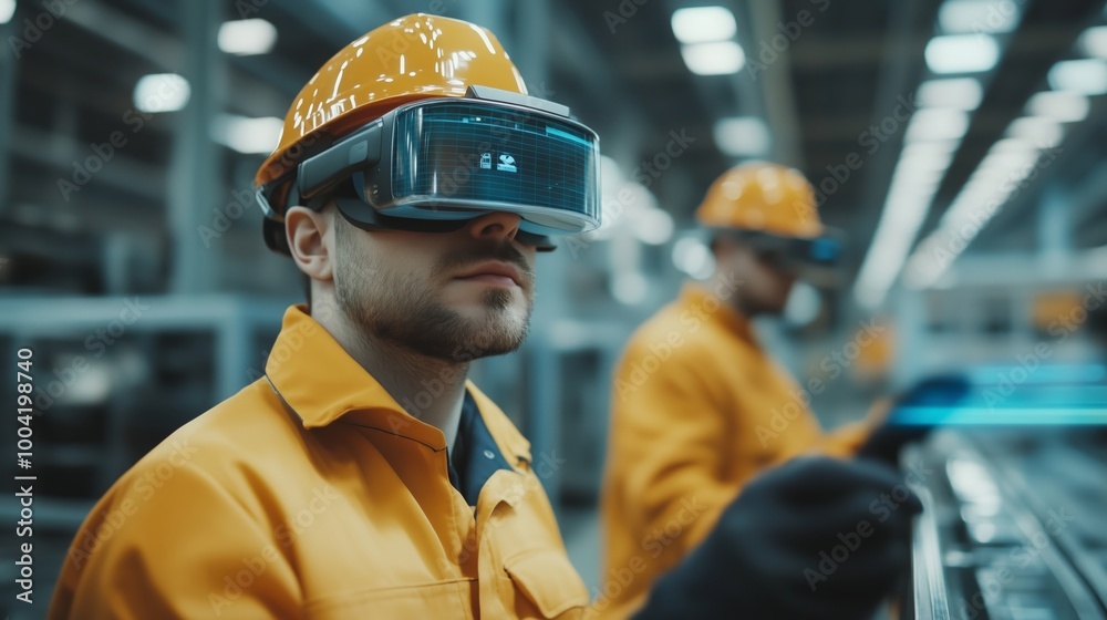 Workers using virtual reality technology in an industrial setting for training and safety assessments during daylight hours Workers using virtual reality technology in an industrial setting for training and safety assessments during daylight hours