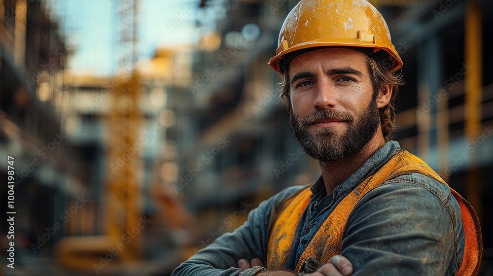 Construction worker in a hard hat at a building site. Construction worker in a hard hat at a building site.