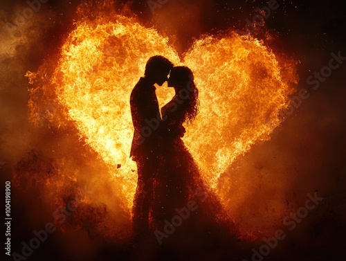 Fiery heart embrace: passionate couple silhouette against a burning heart
