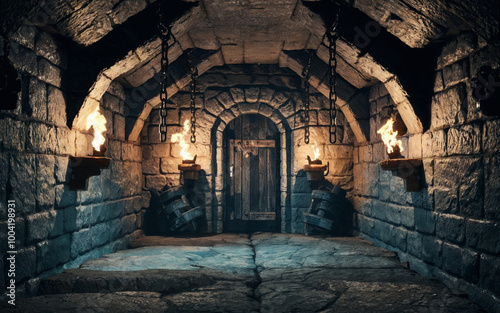 Dimly lit medieval dungeon room with eerie atmosphere, stone walls, ceiling, and floor, illuminated by flickering fire torches. Chains hang ominously from the walls in this haunted fantasy castle