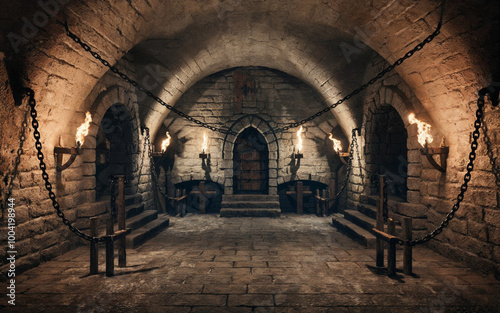 Creepy medieval dungeon room, featuring stone walls, floor, and ceiling, dimly lit by fire torches. Chains hang from the walls, evoking a haunted atmosphere in this empty fantasy castle or dungeon