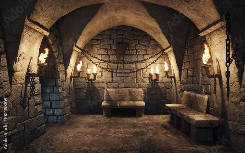 Gloomy medieval dungeon or castle room with stone walls, floor, and ceiling, illuminated by torchlight. Chains hang from the cold walls, creating a haunting, eerie atmosphere within this empty fantasy