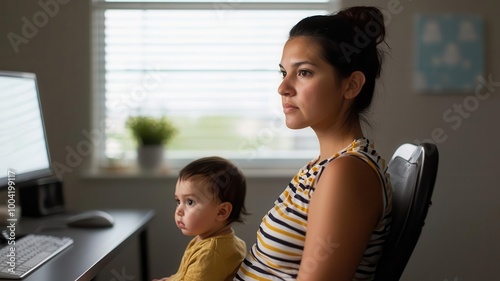 A single mother working late shifts, unable to afford daycare, contrasted with wealthy families hiring fulltime nannies   childcare inequality, family struggles photo