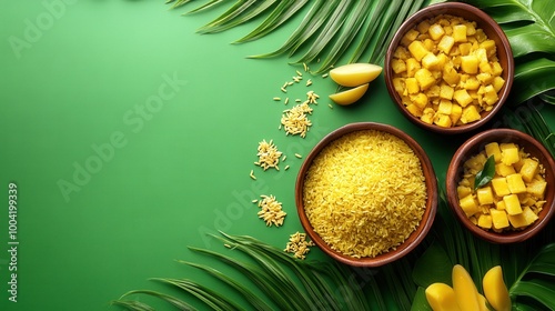 Onam food with sadhya rice on green background. Traditional food onasadya. Happy Onam, harvest festival. Indian religious concept. Template with copy space for banner, poster, greeting card