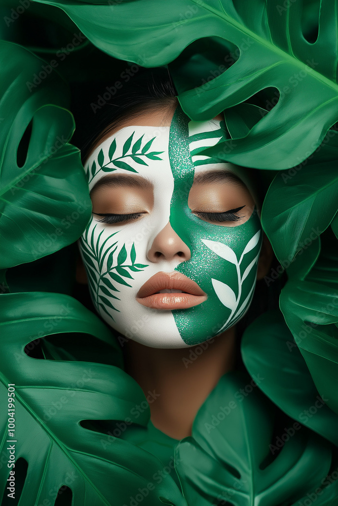 A young woman with her face painted with green and white designs, surrounded by lush greenery. A young woman with her face painted with green and white designs, surrounded by lush greenery.