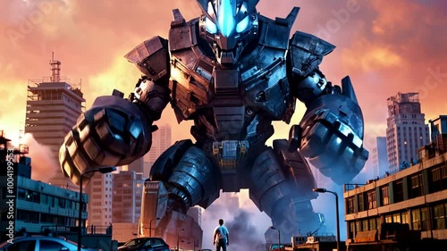 Giant robot rampages through city, causing widespread destruction and chaos at sunset photo