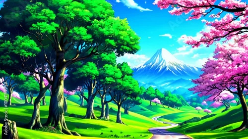 Explore a tranquil anime landscape featuring cherry blossoms, lush greenery, and a majestic mountain in bright daylight