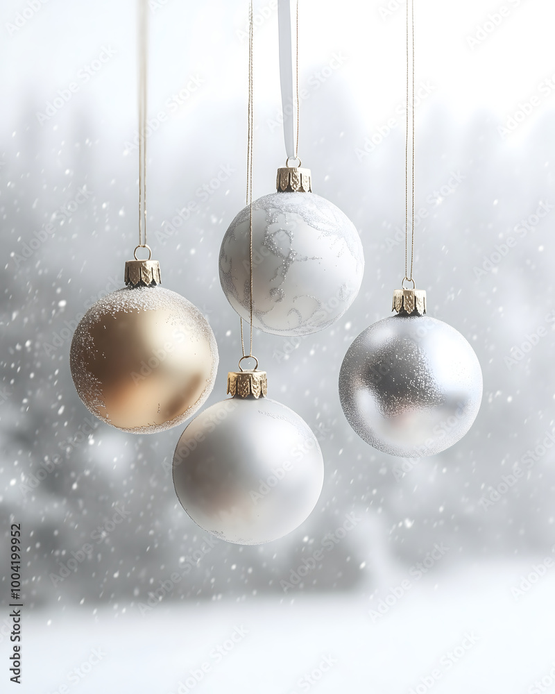 Obraz premium Hanging Christmas Ornaments with Snowy Background