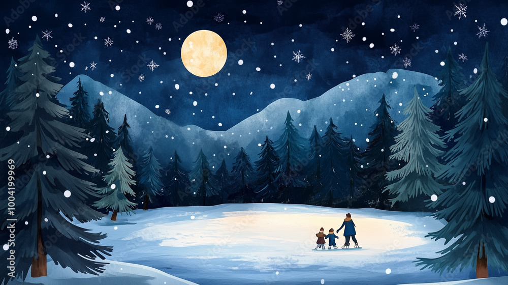 Fototapeta premium serene winter night scene featuring full moon illuminating snowy landscape. family walks together through snow, surrounded by tall evergreen trees and gentle snowfall, evoking sense of warmth and