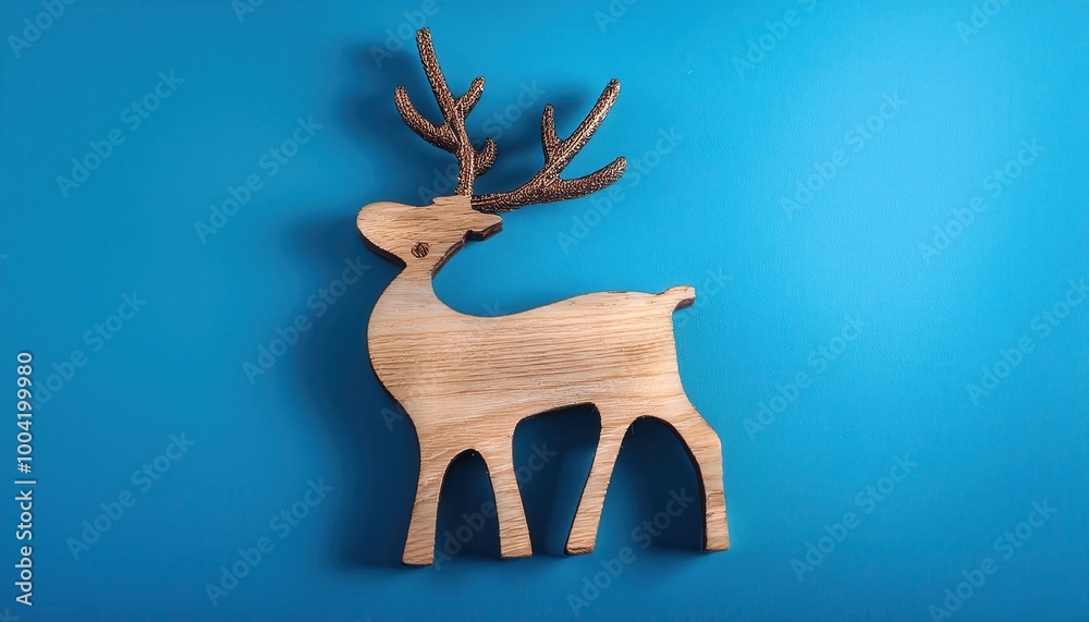 Fototapeta premium Minimalist Wooden Reindeer Silhouette on Vibrant Blue Background. Festive, Nordic Inspired Christmas Holiday Decoration Concept with Natural Texture and Clean, Modern Design