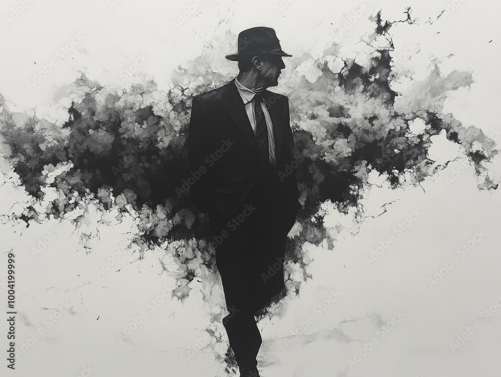 Mysterious silhouette of man in hat with artistic ink splash background Mysterious silhouette of man in hat with artistic ink splash background