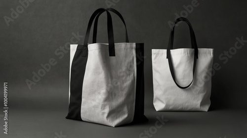 A mockup of two tote bags on a grey background