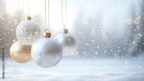 Hanging Christmas Ornaments with Snowy Background