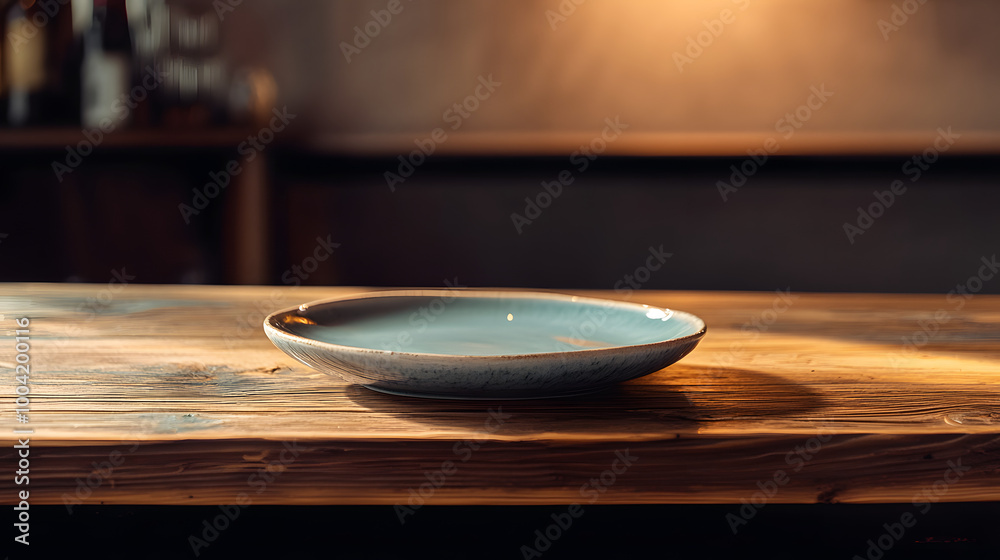 Empty plate on a wooden table or bar Empty plate on a wooden table or bar