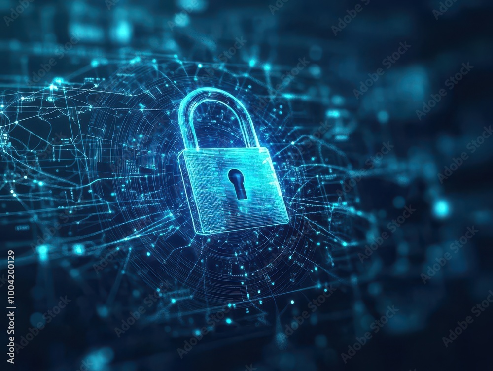 Digital padlock surrounded by abstract waveforms, dark cyber background, holographic blue light, hightech security system, illustration Digital padlock surrounded by abstract waveforms, dark cyber background, holographic blue light, hightech security system, illustration