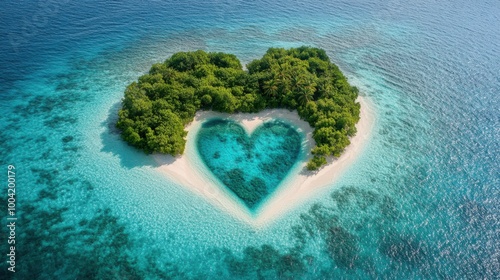 Tropical island paradise with a heart-shaped lagoon, lush greenery, and crystal waters. Honeymoon destination