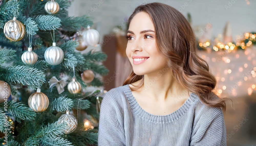 Young beautiful woman near elegant Christmas tree with gifts Young beautiful woman near elegant Christmas tree with gifts