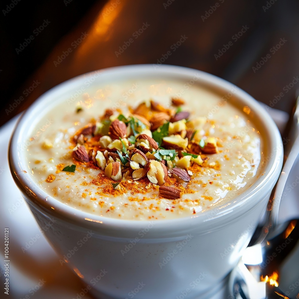A bowl of Indian-style rice pudding (kheer), lit to highlight the creamy consistency and delicate garnishing of nuts and saffron.