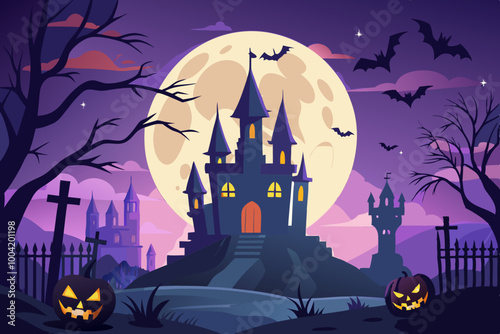 A spooky Halloween scene featuring a silhouette of a haunted castle under a large full moon. Castle silhouette and full moon Halloween background.