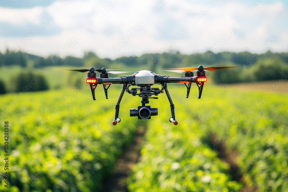 A drone surveys lush green fields under a bright sky, capturing agricultural insights during the golden hour of day. Generative AI A drone surveys lush green fields under a bright sky, capturing agricultural insights during the golden hour of day. Generative AI