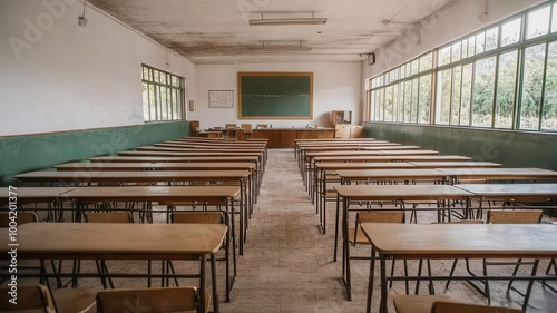 Crowded classroom with underfunded resources in a rural area, compared to a modern, wellequipped school in a city   educational inequality, resource gap photo