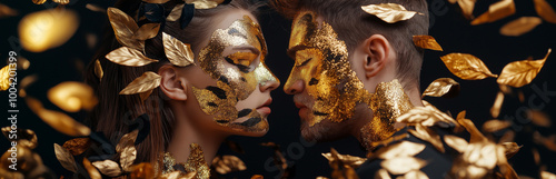 Couple with gold makeup and leaves falling around them. photo