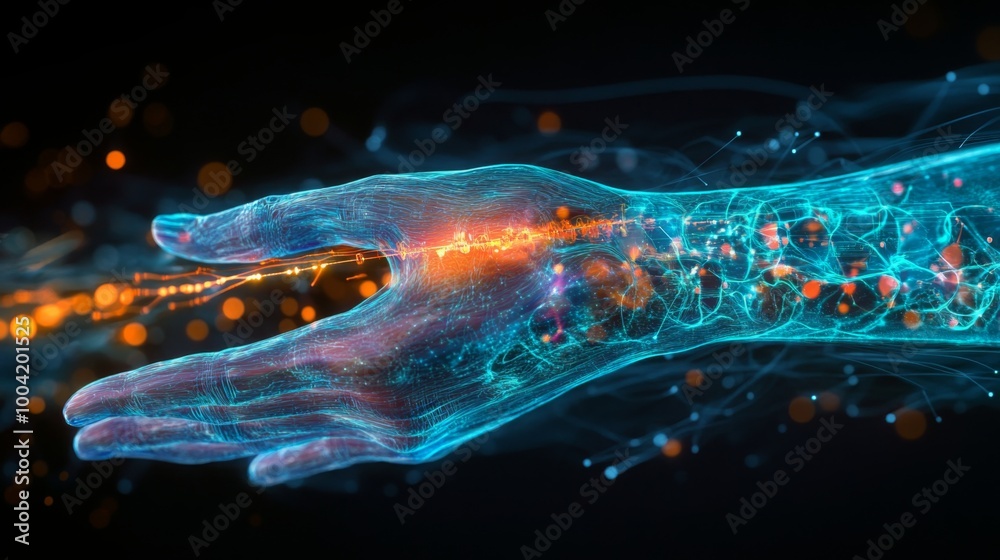 An abstract, digital rendering of a hand, comprised of light and energy, reaches out in the dark An abstract, digital rendering of a hand, comprised of light and energy, reaches out in the dark