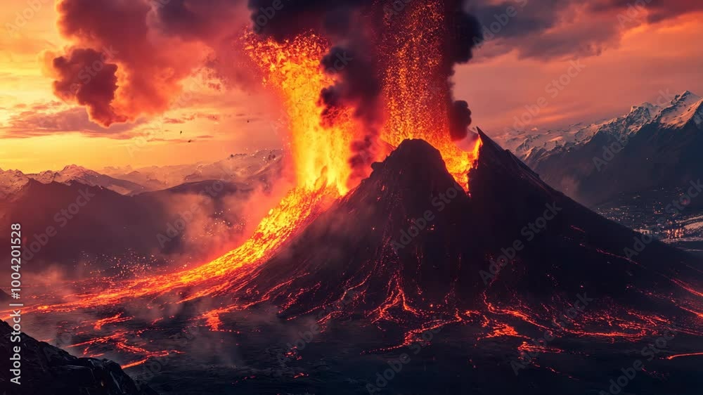 A fiery eruption of a volcano at sunset