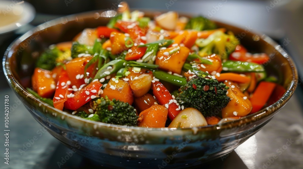 Colorful Stir Fried Vegetables in Bowl with Chopsticks Showcasing Healthy Plant Based Cuisine Colorful Stir Fried Vegetables in Bowl with Chopsticks Showcasing Healthy Plant Based Cuisine