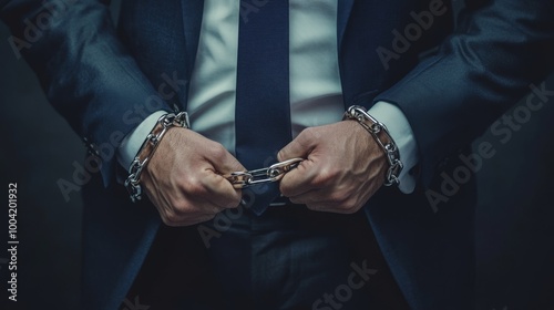 Man in a suit with chained hands standing in a dark room, symbolizing restraint and captivity in a tense moment of reflection.