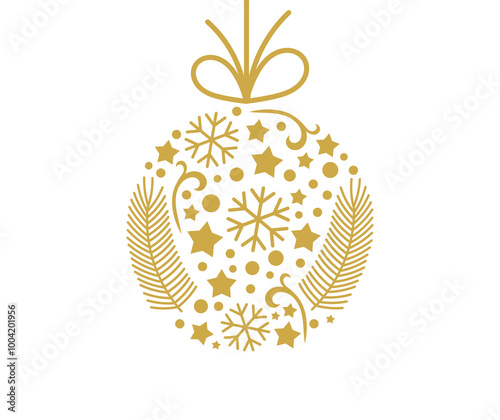 Christmas ball gold ornament on transparent background. PNG illustration.