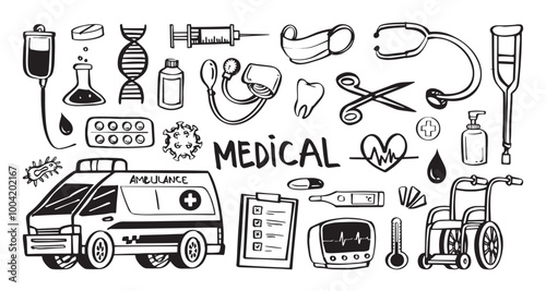 Hand drawn medical elements set including ambulance, syringe, pills, and stethoscope in doodle style. Vector cartoon illustration