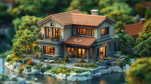 A beautifully designed house surrounded by lush greenery and water.