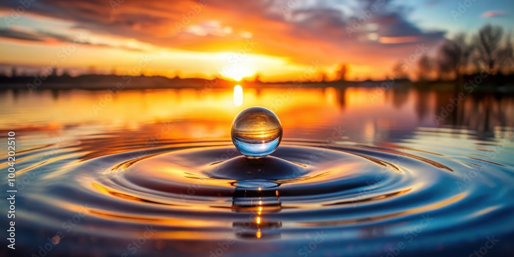 Tranquil Sunset Scene with Floating Water Droplet, Peaceful Nature Background Tranquil Sunset Scene with Floating Water Droplet, Peaceful Nature Background